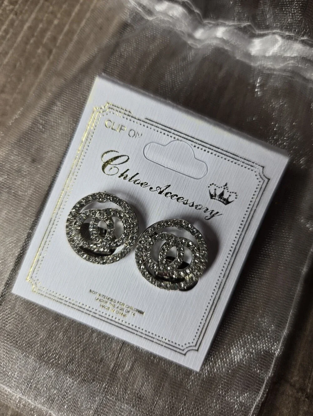 NWT Chloe Accessory Double Circle Silver Crystal Clip-On Earrings Women's